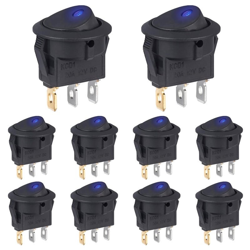 VEXUNGA Round Lighted Rocker Switch 12V 20A DC Blue Led Light Circle Rocker Switches On Off 3 Pin Small Round Square Toggle Switch for Car Boat (Pack of 10pcs) - Image 1